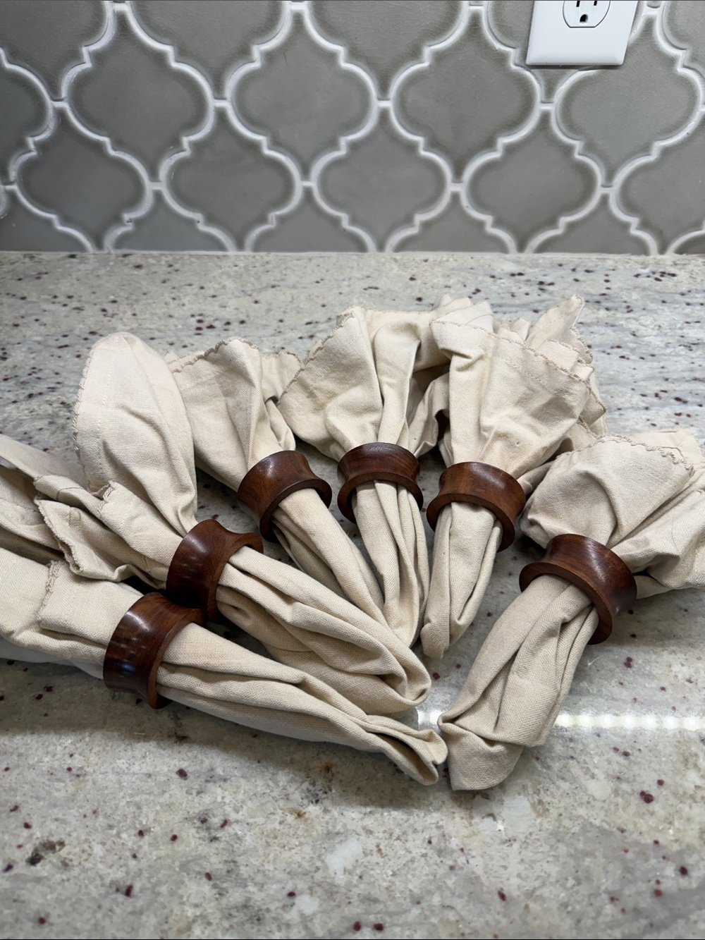 Cream Cotton Napkins with Brown Wooden Rings - Set of 6